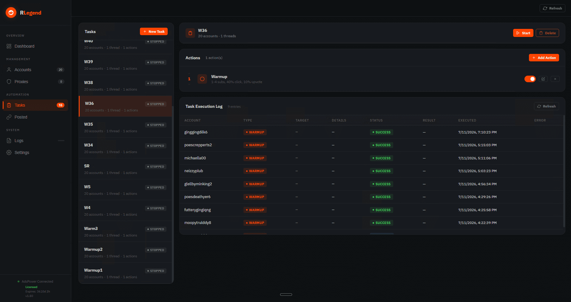 RLegend task engine showing priority-ordered actions and a per-run execution log