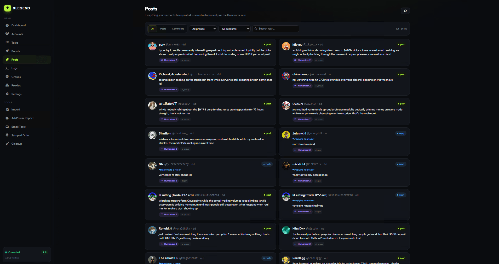 XLegend posts and comments archive filtered by group, account and type